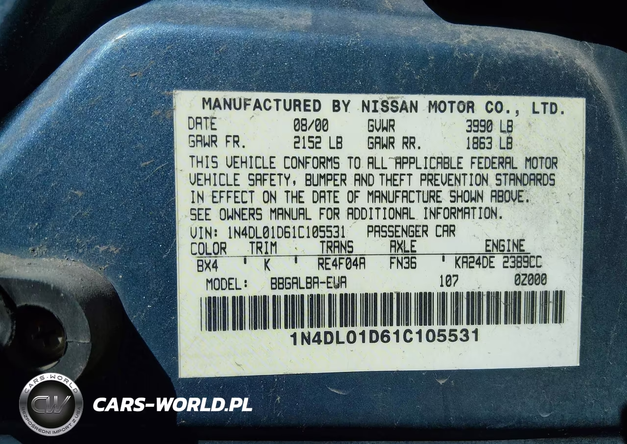 2001 Nissan Altima Gxe VIN:1N4DL01D61C105531 - 9
