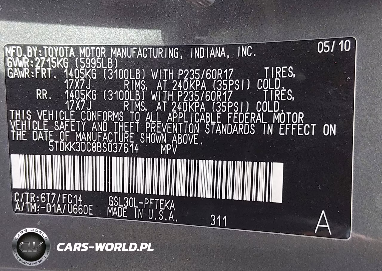 TOYOTA SIENNA LE VIN:5TDKK3DC8BS037614 - 9