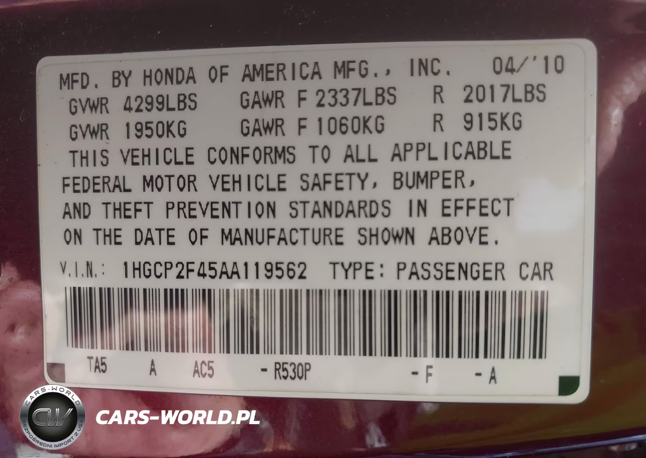 2010 Honda Accord 2.4 Lx-P VIN:1HGCP2F45AA119562 - 9