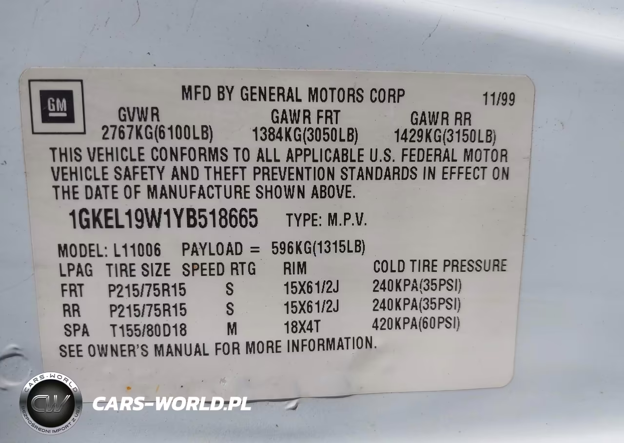 2000 GMC Safari Sl VIN:1GKEL19W1YB518665 - 9