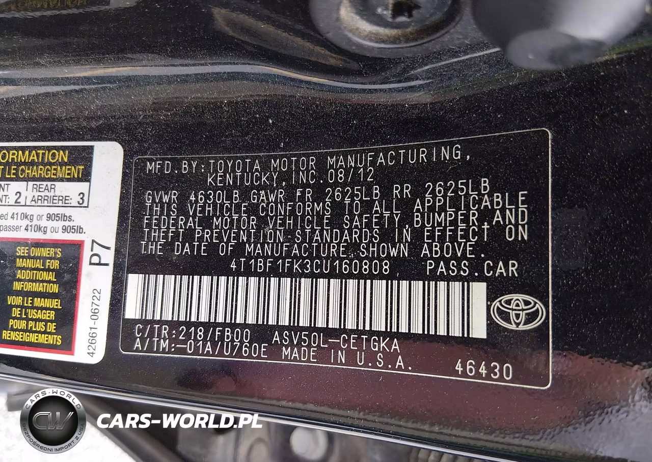 2012 Toyota Camry Xle VIN:4T1BF1FK3CU160808 - 9