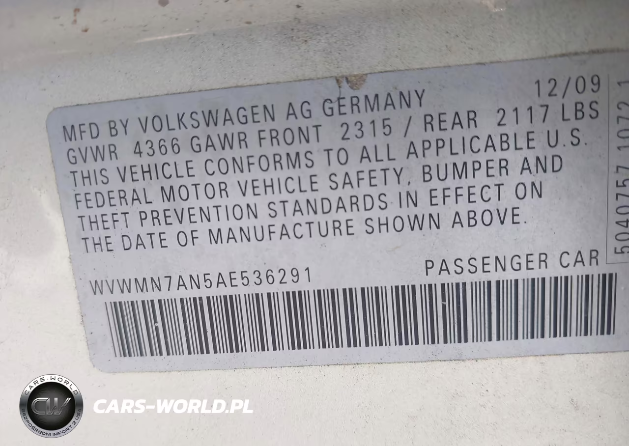 2010 Volkswagen Cc Sport VIN:WVWMN7AN5AE536291 - 12