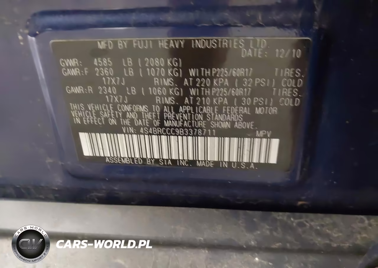 2011 Subaru Outback 2.5I Premium VIN:4S4BRCCC9B3378711 - 9