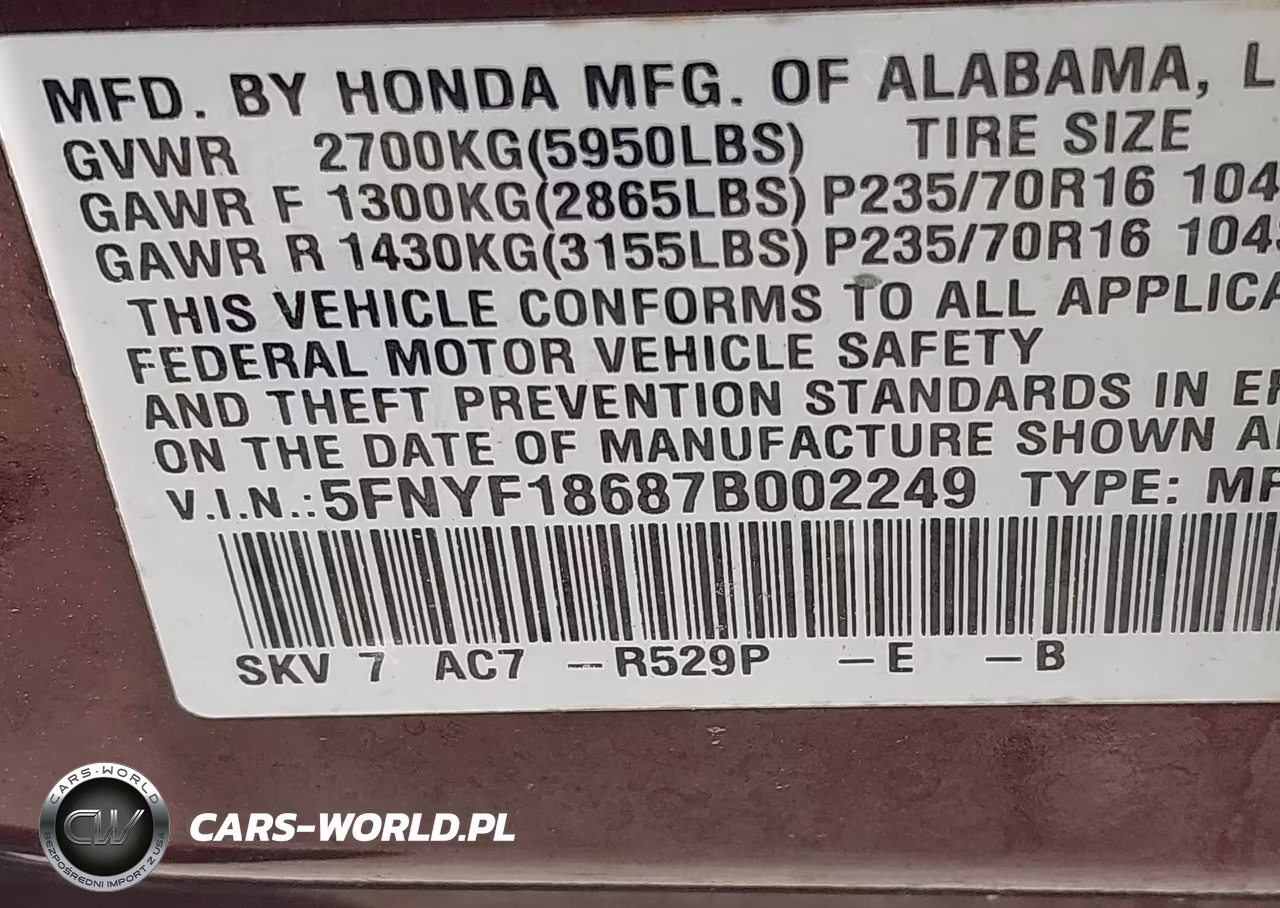 2007 Honda Pilot Ex-L VIN:5FNYF18687B002249 - 9