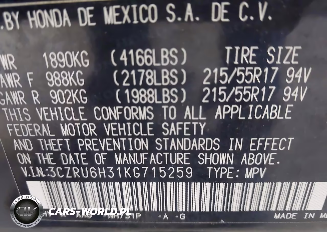 2019 Honda Hr-V Lx VIN:3CZRU6H31KG715259 - 9