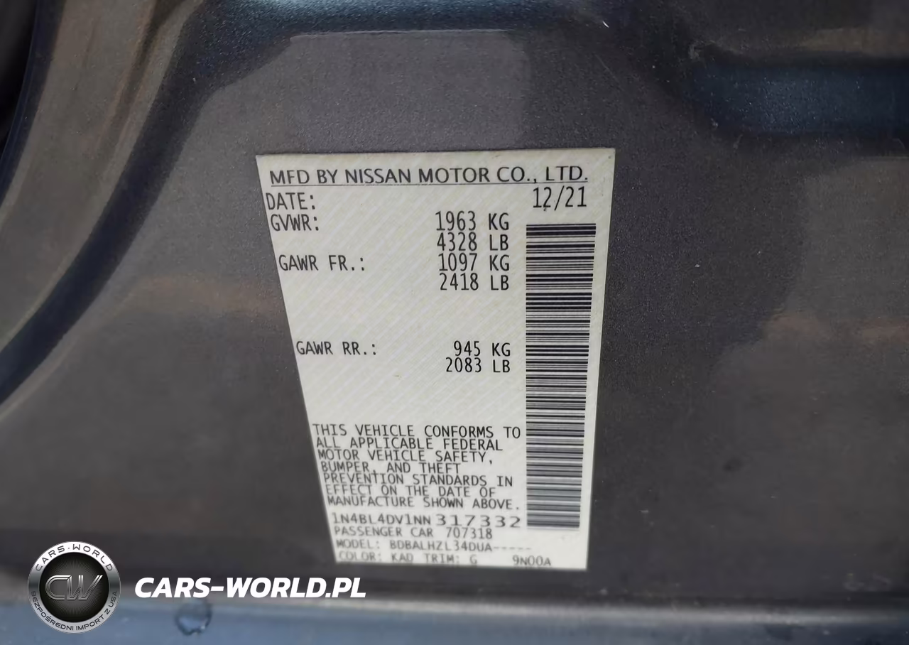 2022 Nissan Altima Sv Fwd VIN:1N4BL4DV1NN317332 - 9