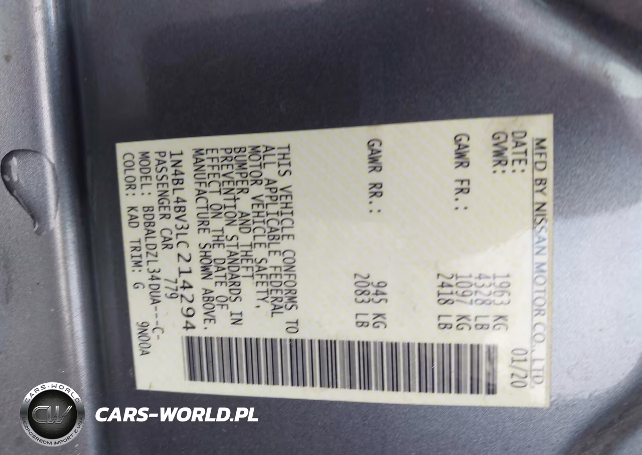2020 Nissan Altima S Fwd VIN:1N4BL4BV3LC214294 - 9