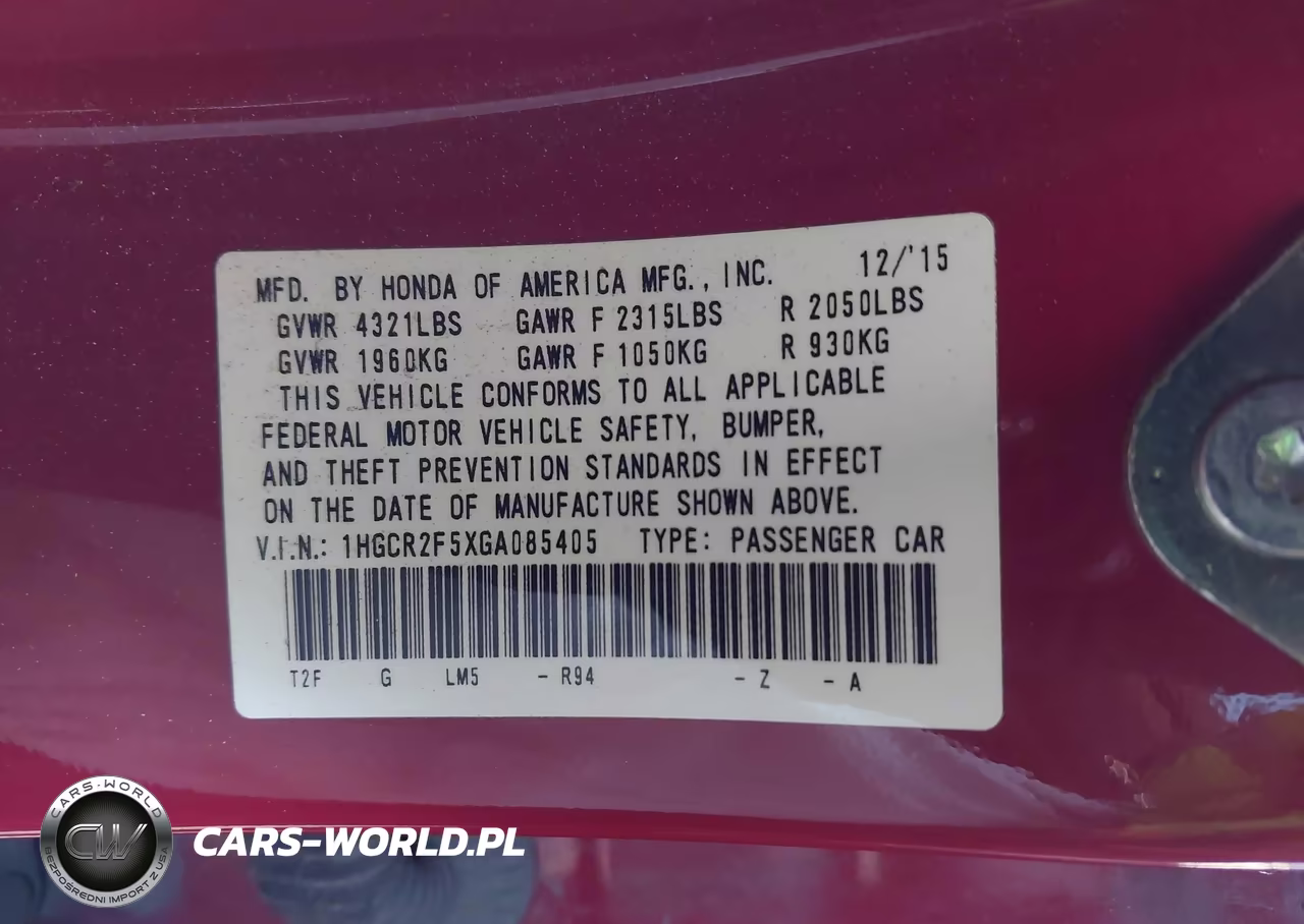 2016 Honda Accord Sport VIN:1HGCR2F5XGA085405 - 9
