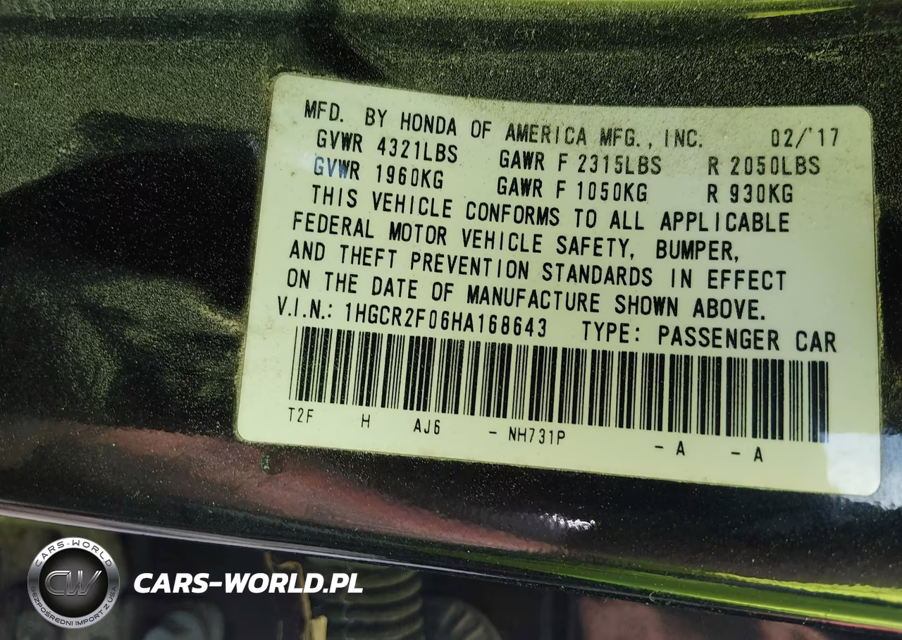 2017 Honda Accord Ex VIN:1HGCR2F06HA168643 - 9