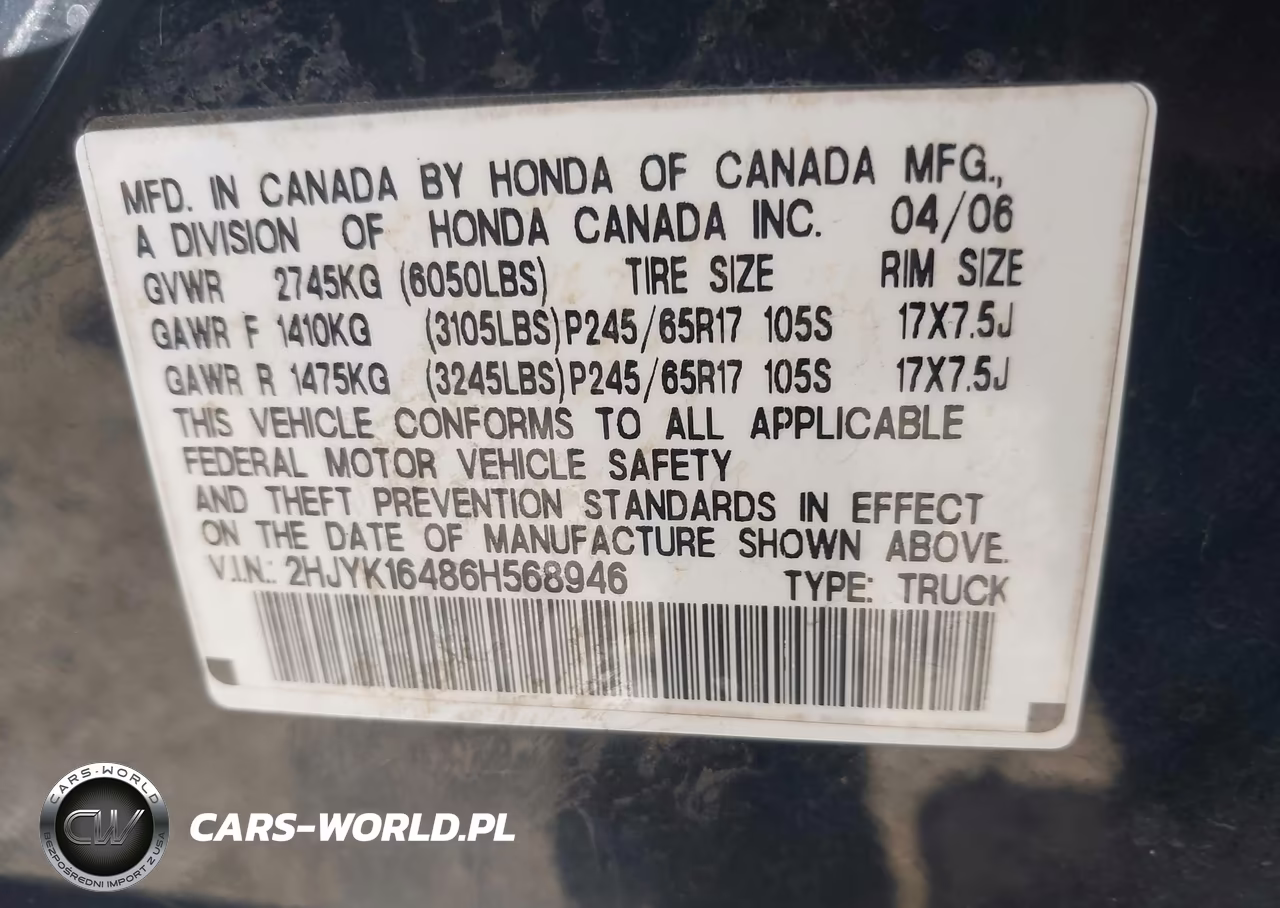 2006 Honda Ridgeline Rts VIN:2HJYK16486H568946 - 9