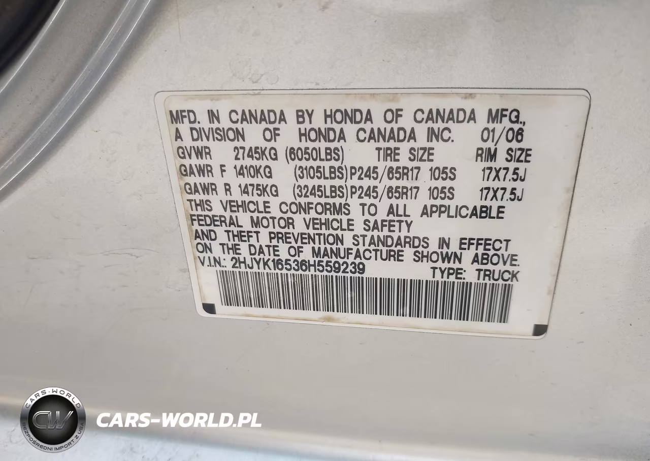 2006 Honda Ridgeline Rtl VIN:2HJYK16536H559239 - 9