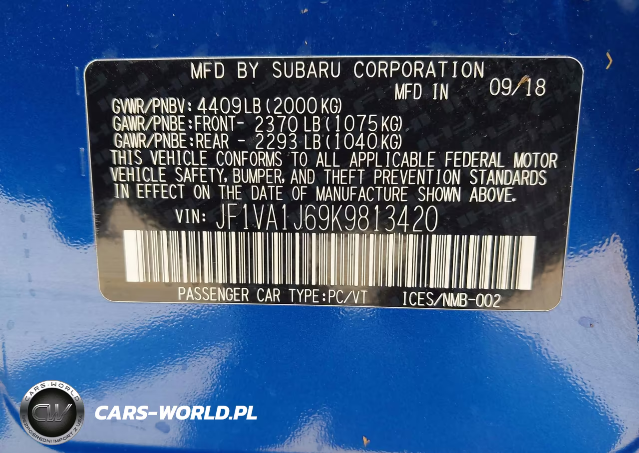 2019 Subaru Wrx Limited VIN:JF1VA1J69K9813420 - 9