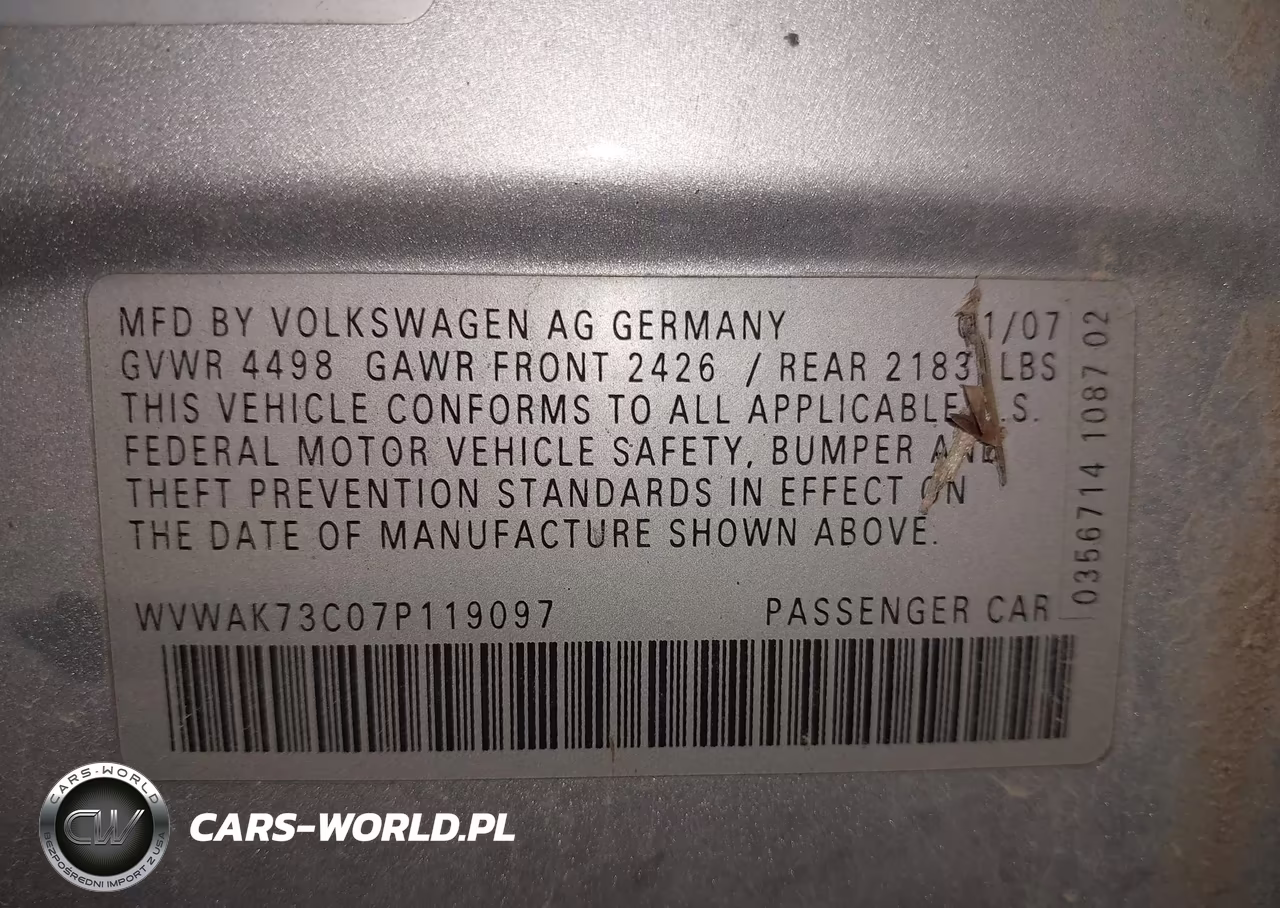 2007 Volkswagen Passat 2.0T-Wolfsburg Edition VIN:WVWAK73C07P119097 - 9