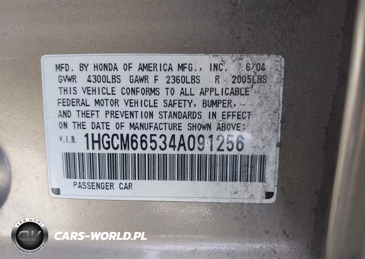 2004 Honda Accord 3.0 Ex VIN:1HGCM66534A091256 - 9