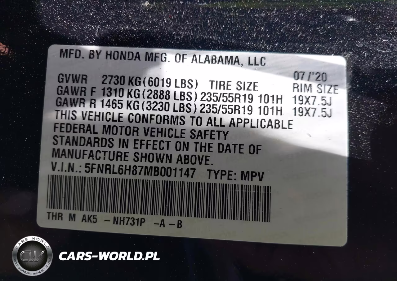 2021 Honda Odyssey Touring VIN:5FNRL6H87MB001147 - 9