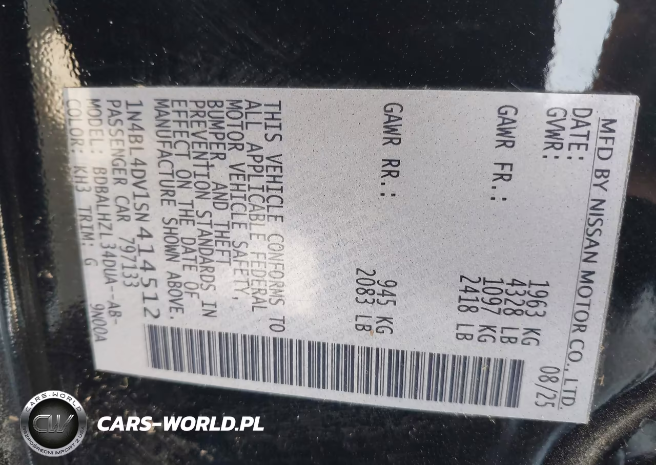 2025 Nissan Altima Sv Fwd VIN:1N4BL4DV1SN414512 - 9