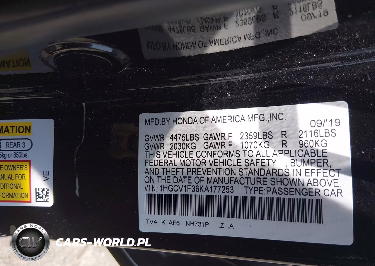 2019 Honda Accord Sport VIN:1HGCV1F36KA177253 - 9