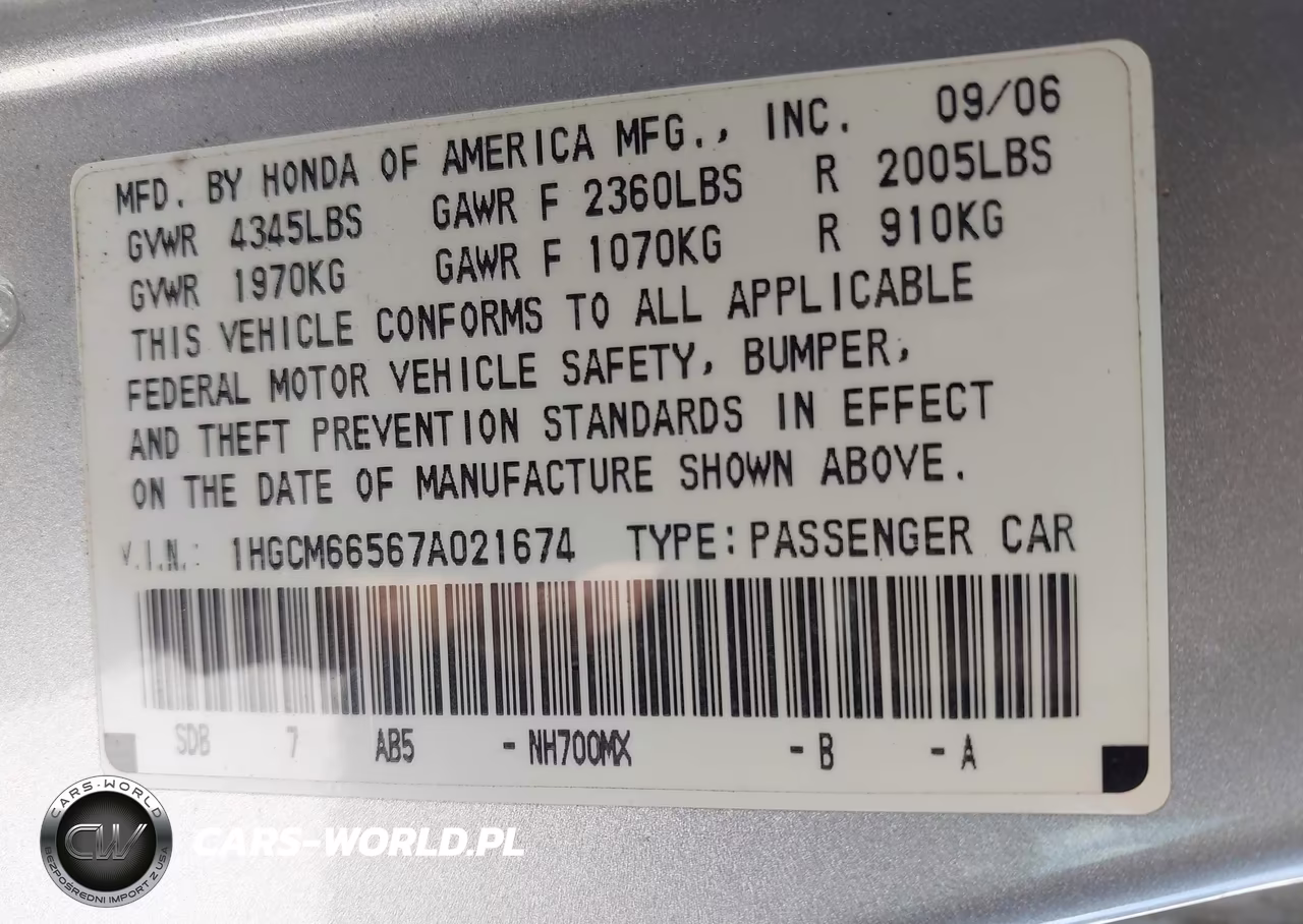 2007 Honda Accord 3.0 Ex VIN:1HGCM66567A021674 - 9