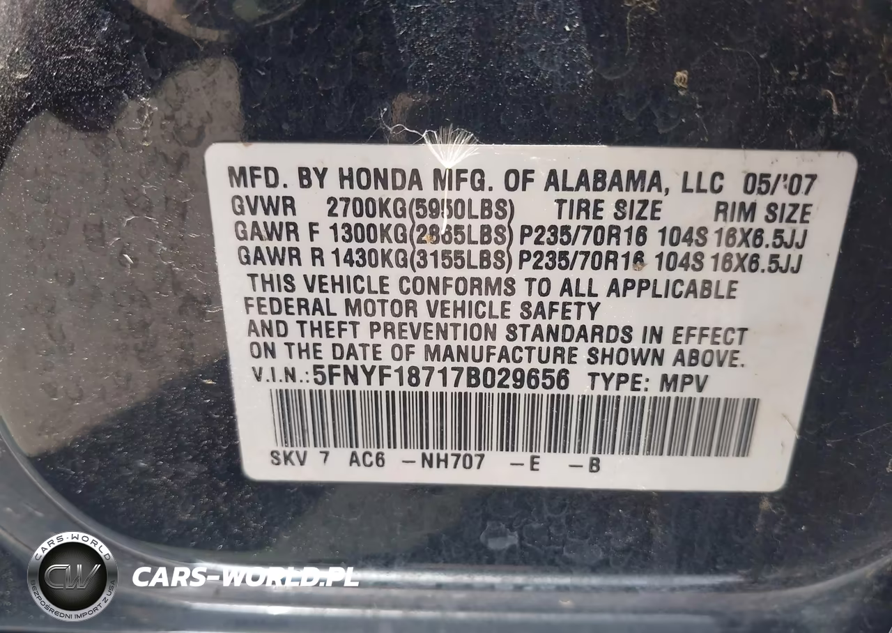 2007 Honda Pilot Ex-L VIN:5FNYF18717B029656 - 9