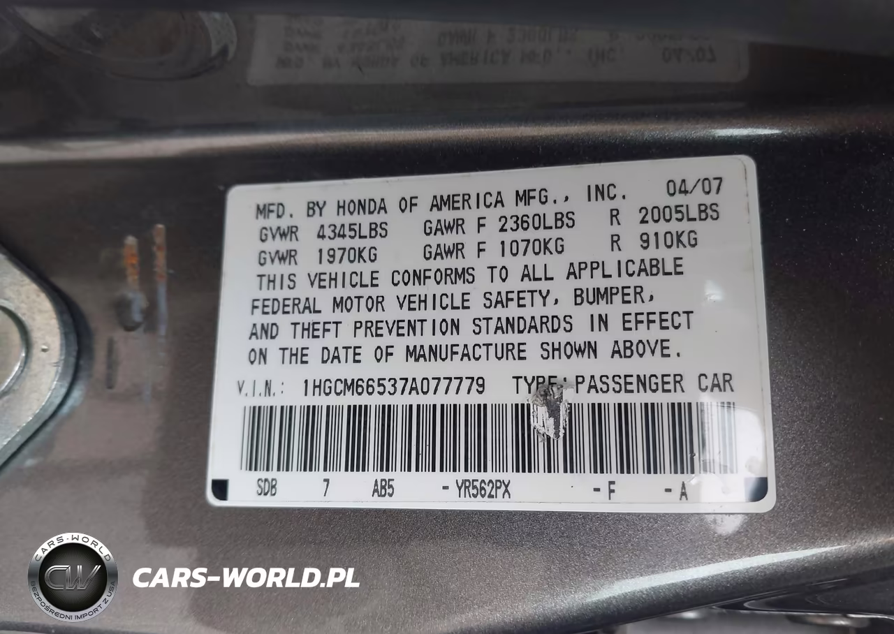 2007 Honda Accord 3.0 Ex VIN:1HGCM66537A077779 - 9