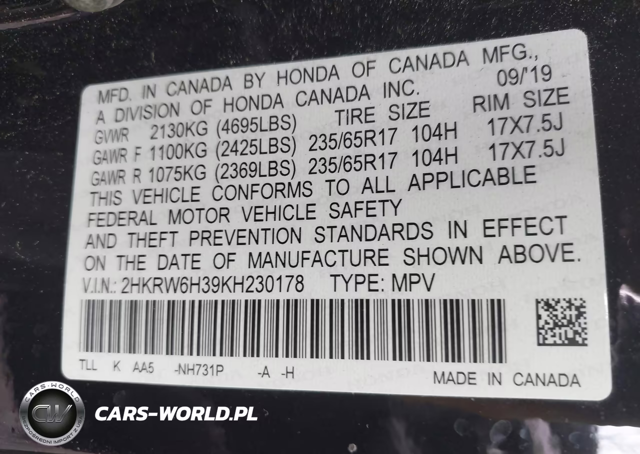 2019 Honda Cr-V Lx VIN:2HKRW6H39KH230178 - 9