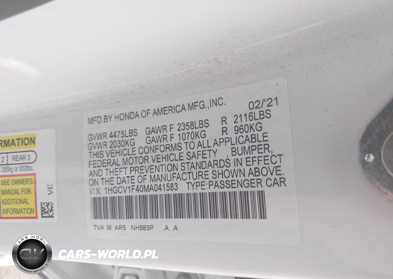 2021 Honda Accord Sport Special Edition VIN:1HGCV1F40MA041583 - 9
