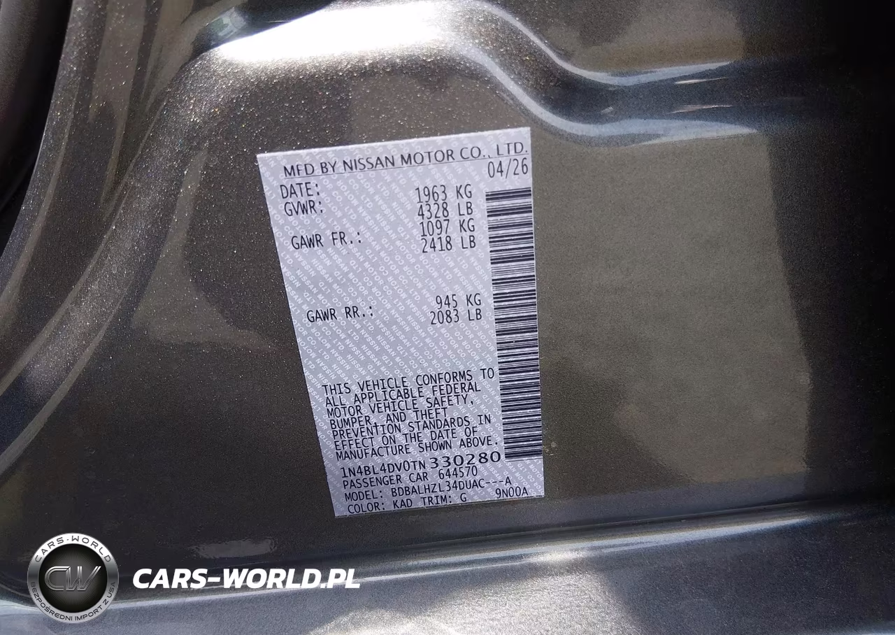 2026 Nissan Altima Sv Fwd VIN:1N4BL4DV0TN330280 - 9
