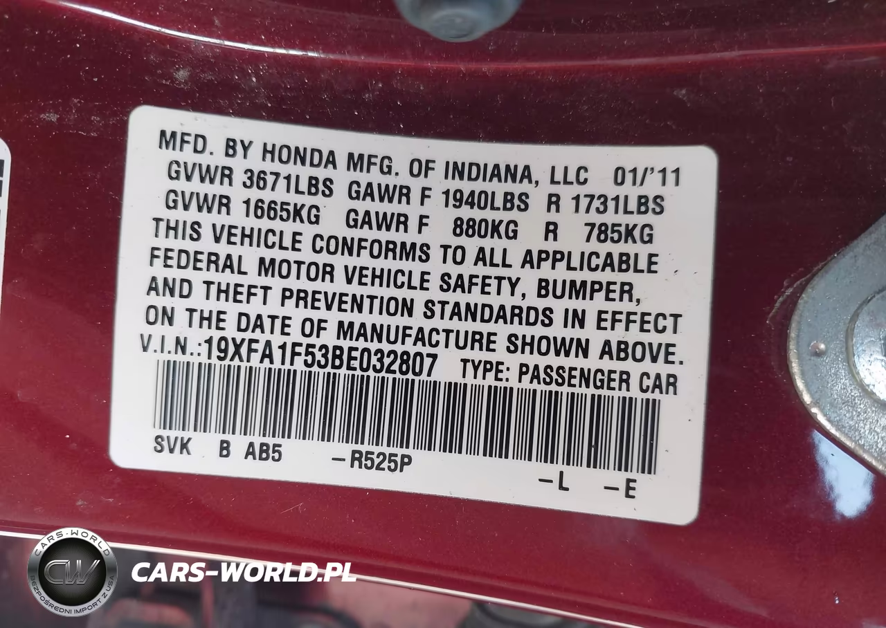 2011 Honda Civic Lx VIN:19XFA1F53BE032807 - 9
