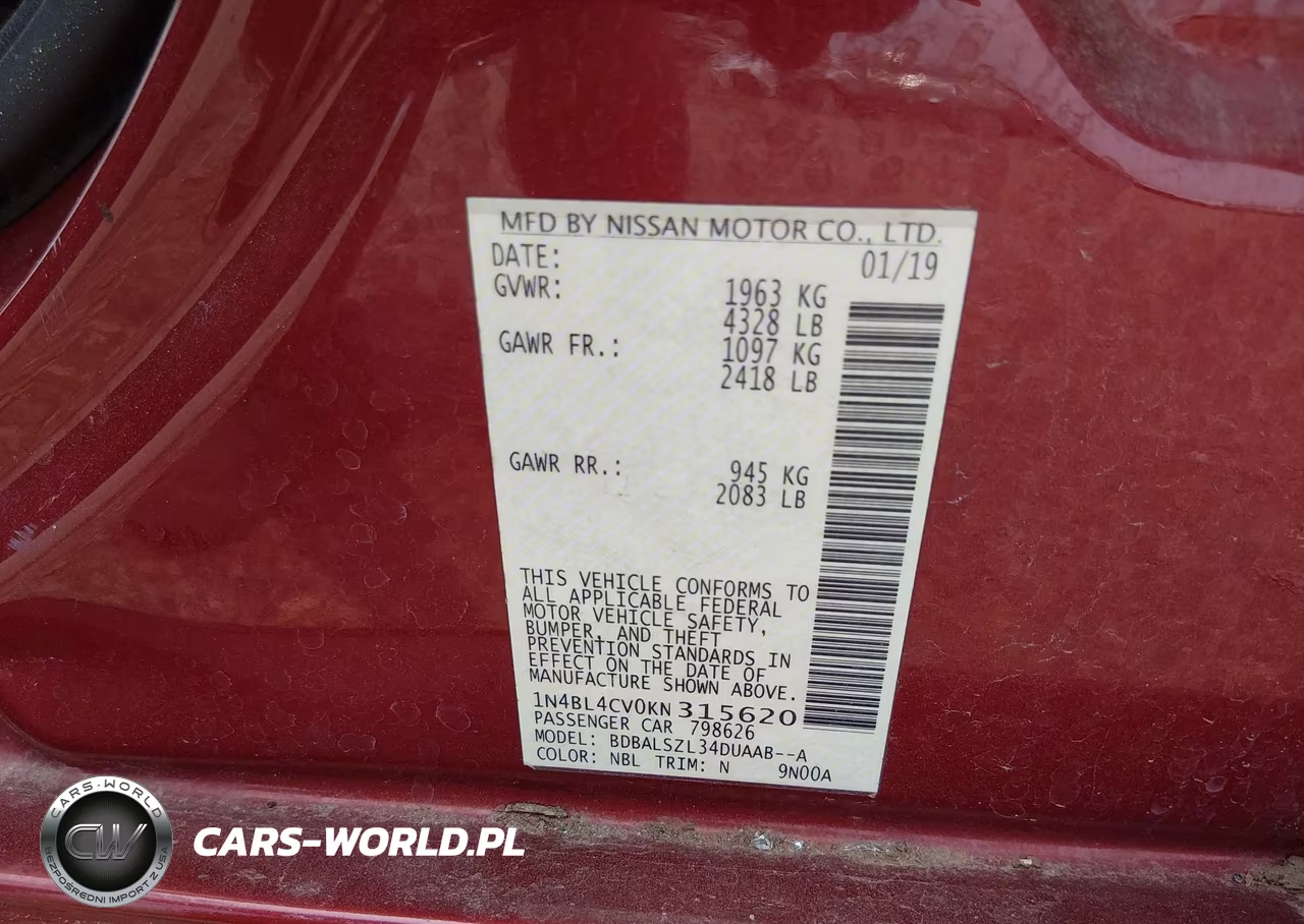 2019 Nissan Altima 2.5 Sr VIN:1N4BL4CV0KN315620 - 9