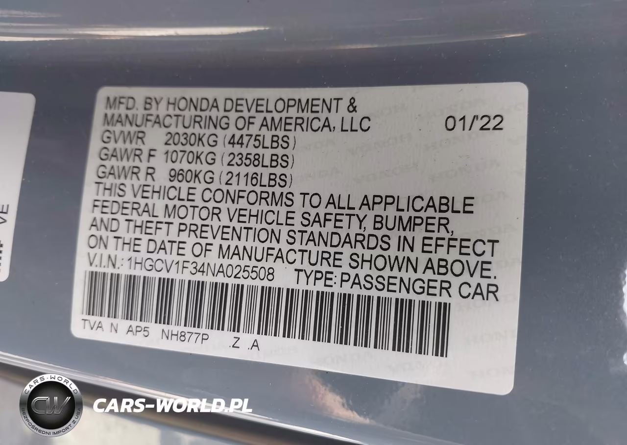 2022 Honda Accord Sport VIN:1HGCV1F34NA025508 - 9