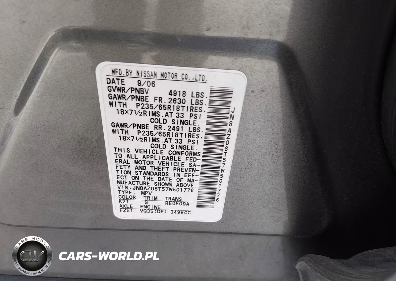 2007 Nissan Murano Sl VIN:JN8AZ08T57W501776 - 9