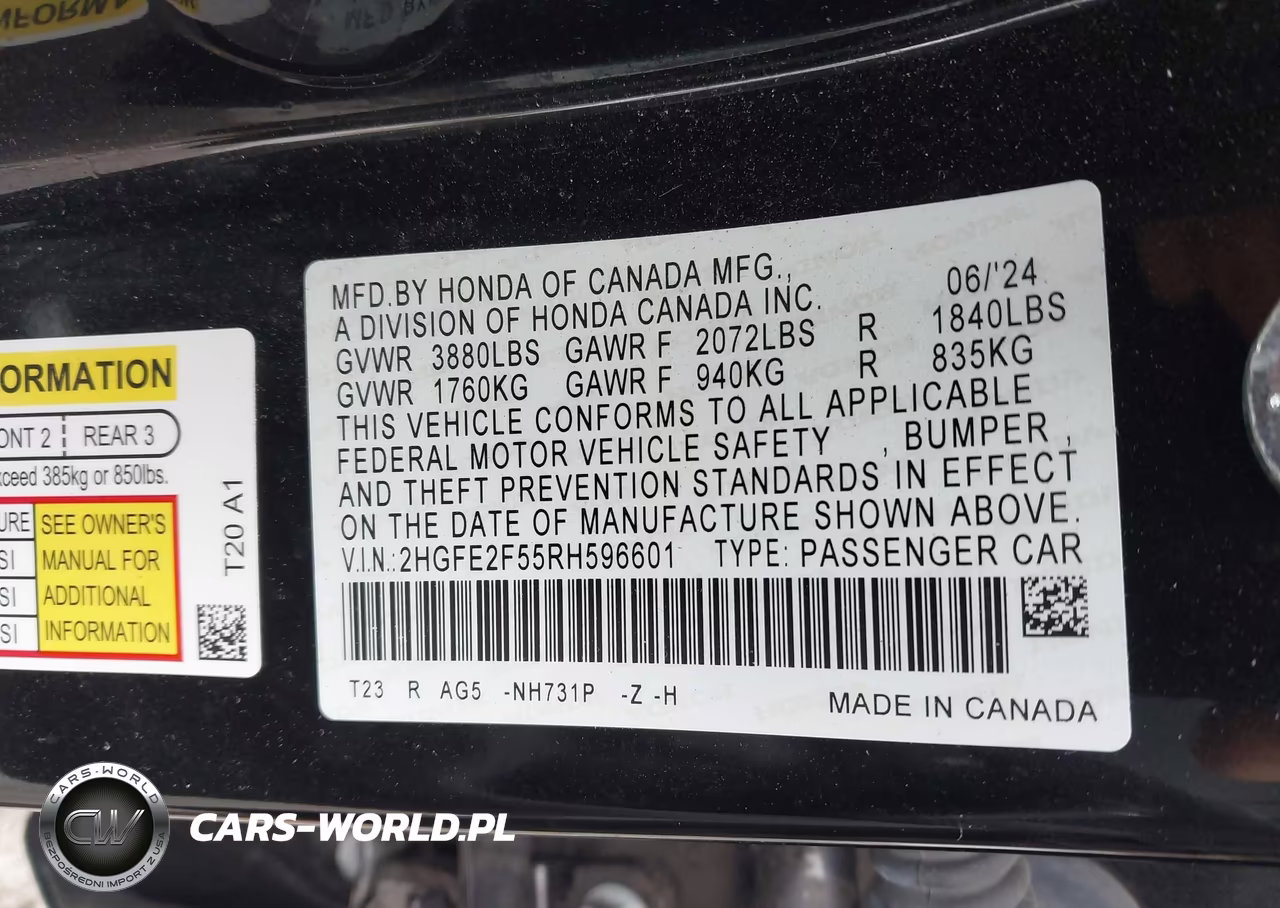 2024 Honda Civic Sport VIN:2HGFE2F55RH596601 - 9