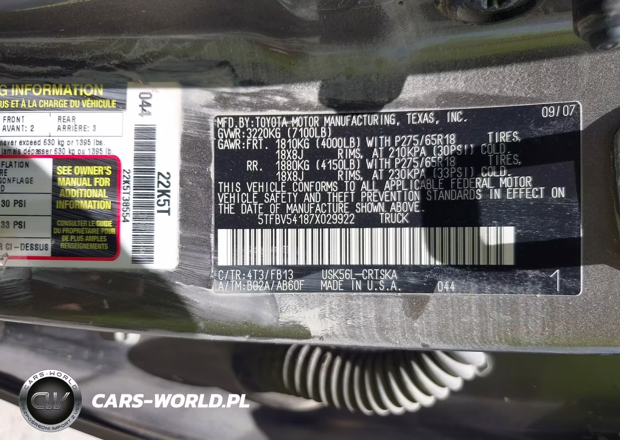 2007 Toyota Tundra Sr5 5.7L V8 VIN:5TFBV54187X029922 - 9