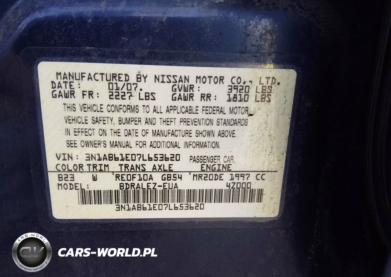 2007 Nissan Sentra 2.0S VIN:3N1AB61E07L653620 - 9