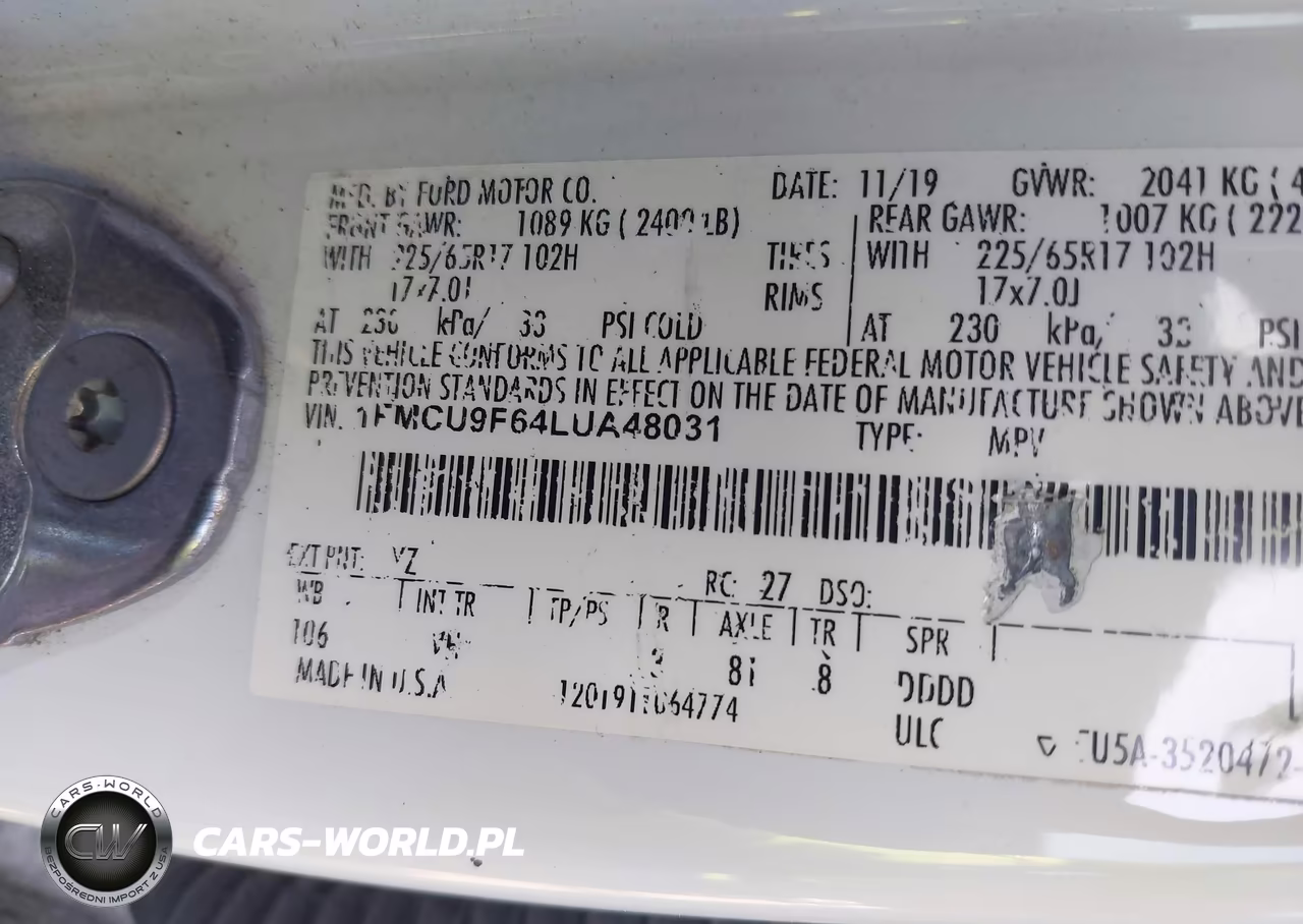2020 Ford Escape S VIN:1FMCU9F64LUA48031 - 9