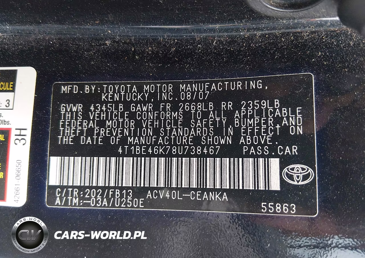 2008 Toyota Camry VIN:4T1BE46K78U738467 - 9