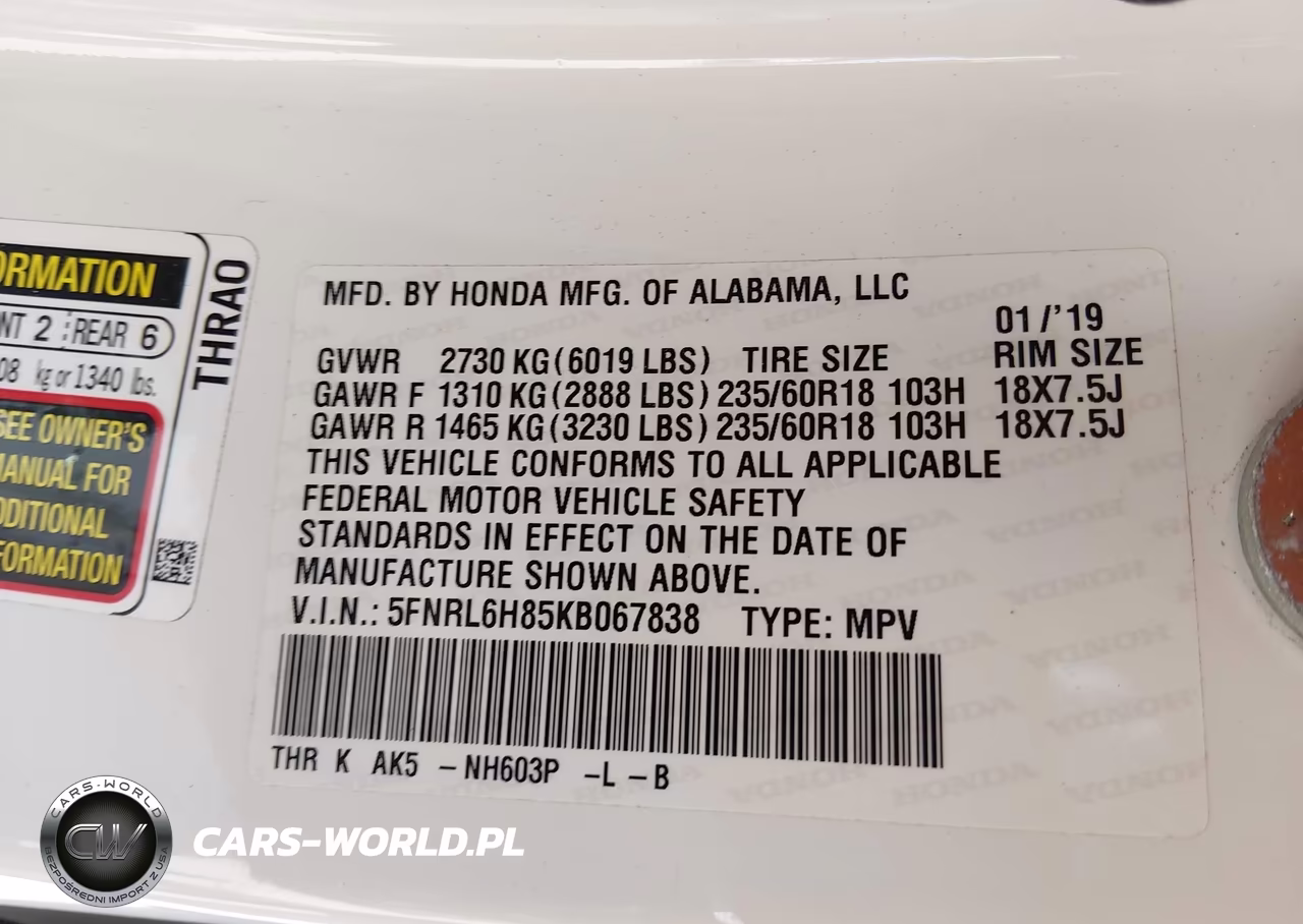 2019 Honda Odyssey Touring VIN:5FNRL6H85KB067838 - 7