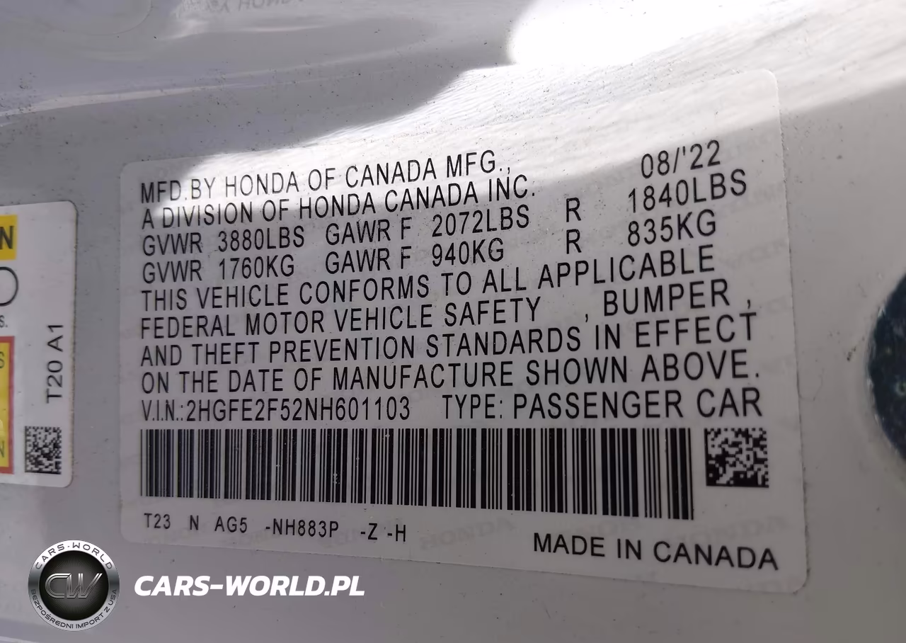 2022 Honda Civic Sport VIN:2HGFE2F52NH601103 - 9