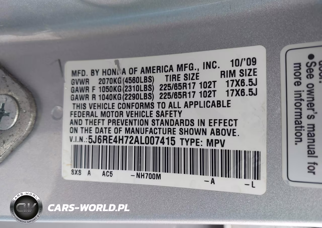2010 Honda Cr-V Ex-L VIN:5J6RE4H72AL007415 - 9