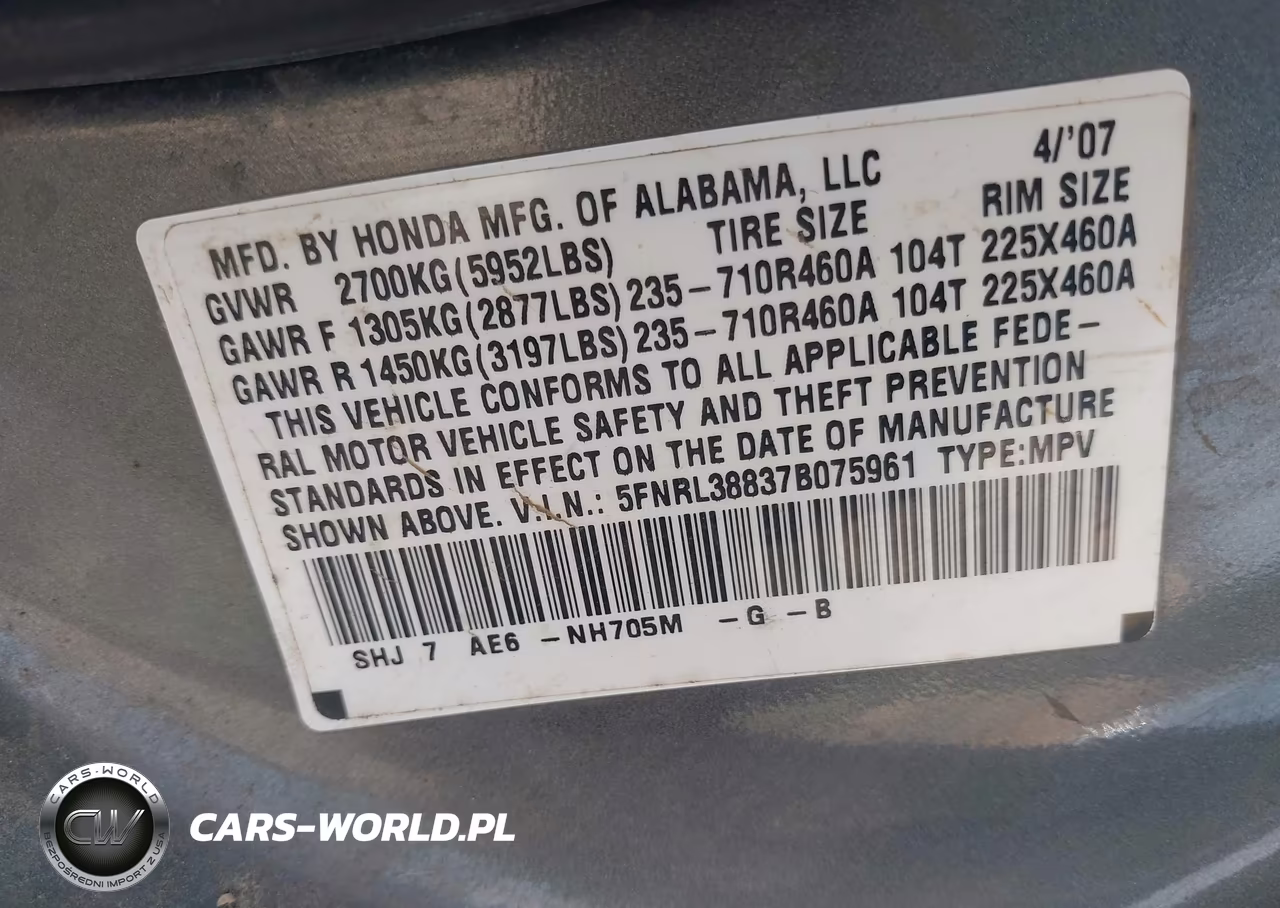 2007 Honda Odyssey Touring VIN:5FNRL38837B075961 - 9