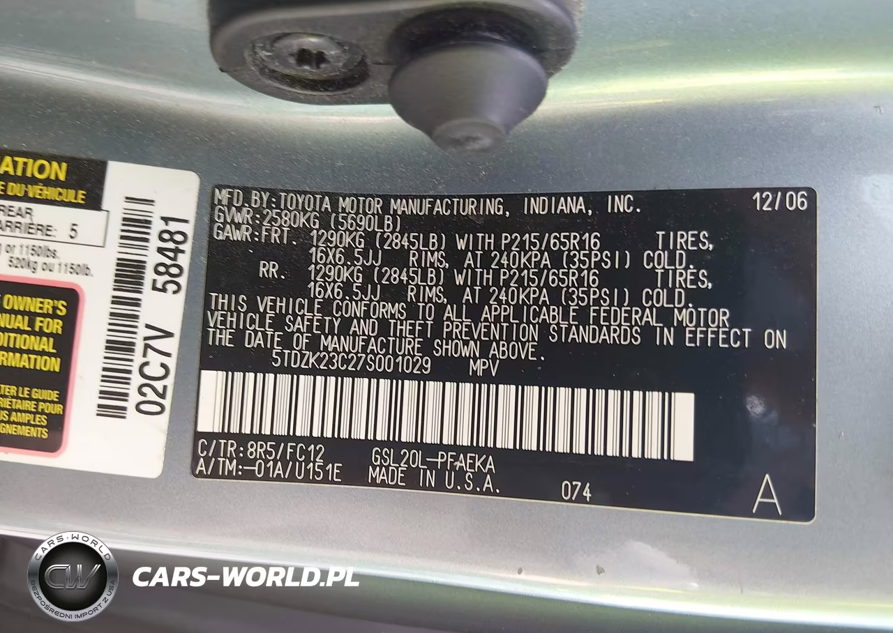 2007 Toyota Sienna Le VIN:5TDZK23C27S001029 - 9
