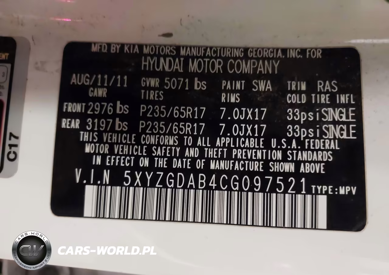 2012 Hyundai Santa Fe Gls VIN:5XYZGDAB4CG097521 - 9