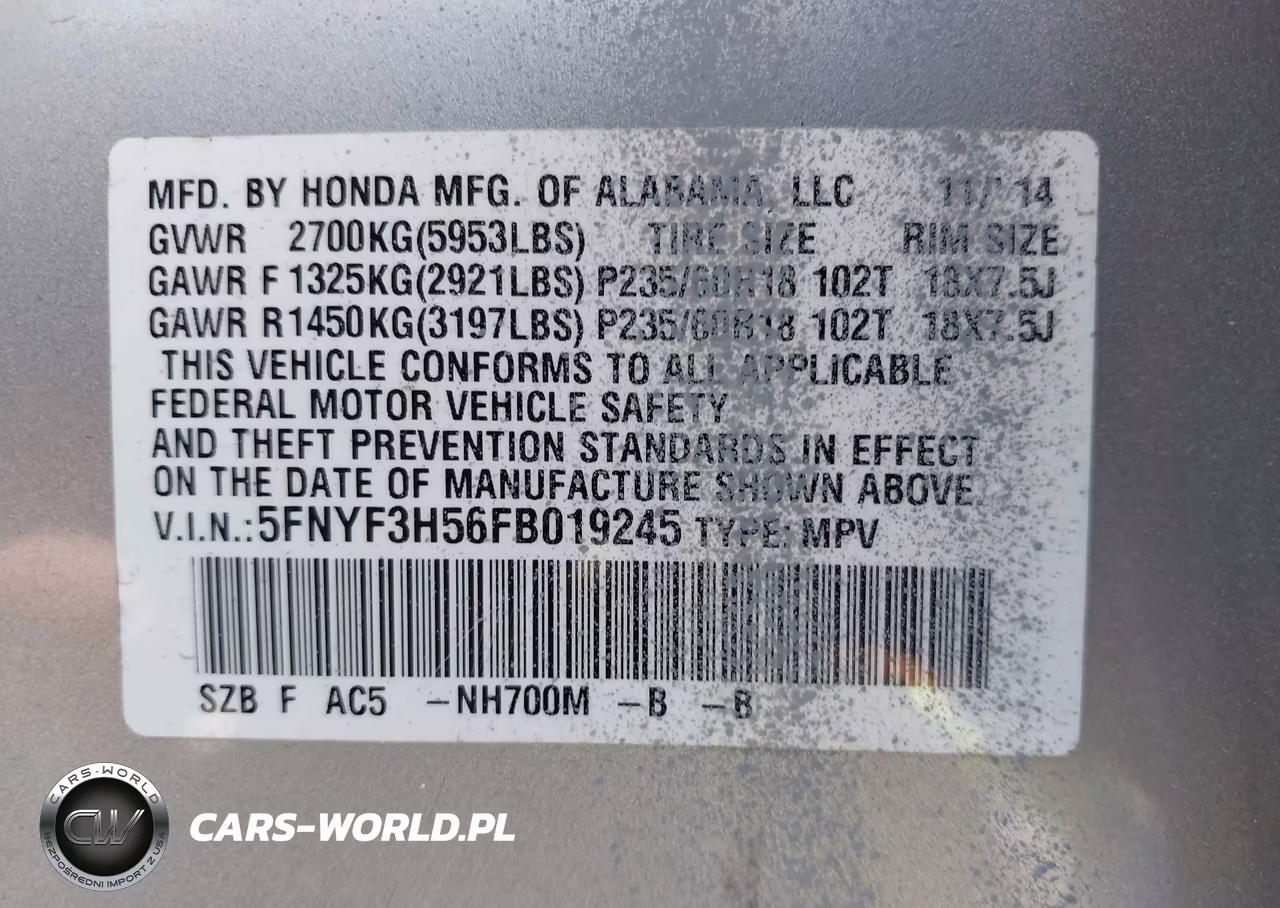 2015 Honda Pilot Ex-L VIN:5FNYF3H56FB019245 - 9
