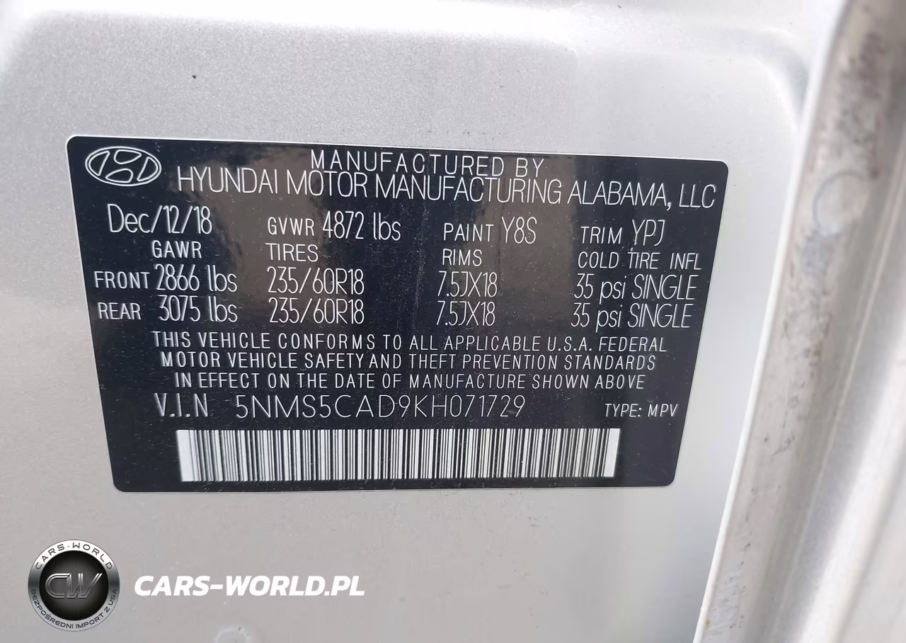 2019 Hyundai Santa Fe Limited VIN:5NMS5CAD9KH071729 - 9