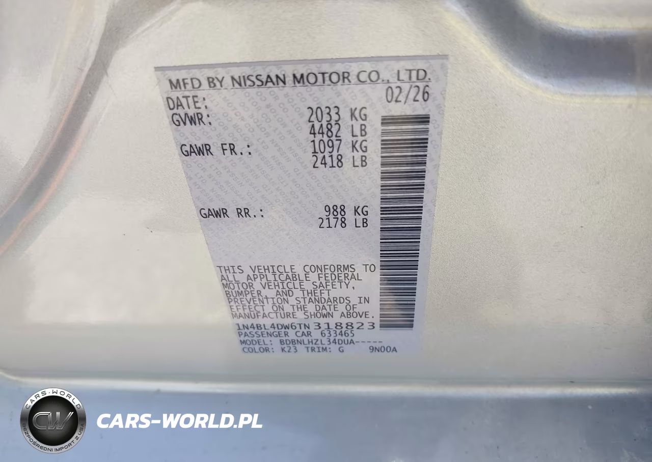 2026 Nissan Altima Sv Awd VIN:1N4BL4DW6TN318823 - 9