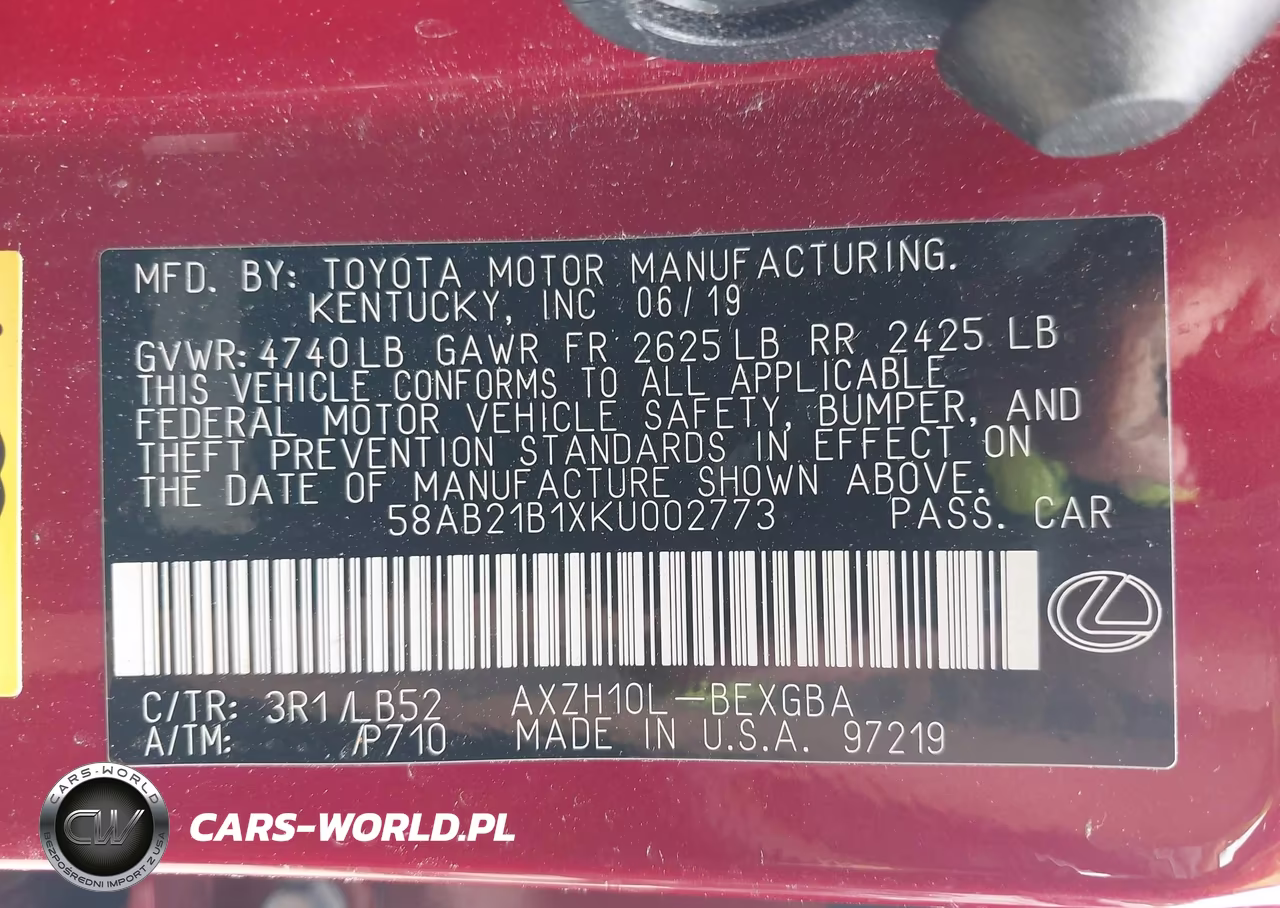 2019 Lexus Es 300H Luxury VIN:58AB21B1XKU002773 - 9
