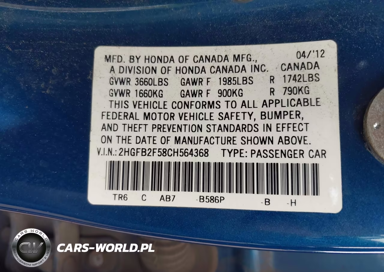 2012 Honda Civic Lx VIN:2HGFB2F58CH564368 - 9