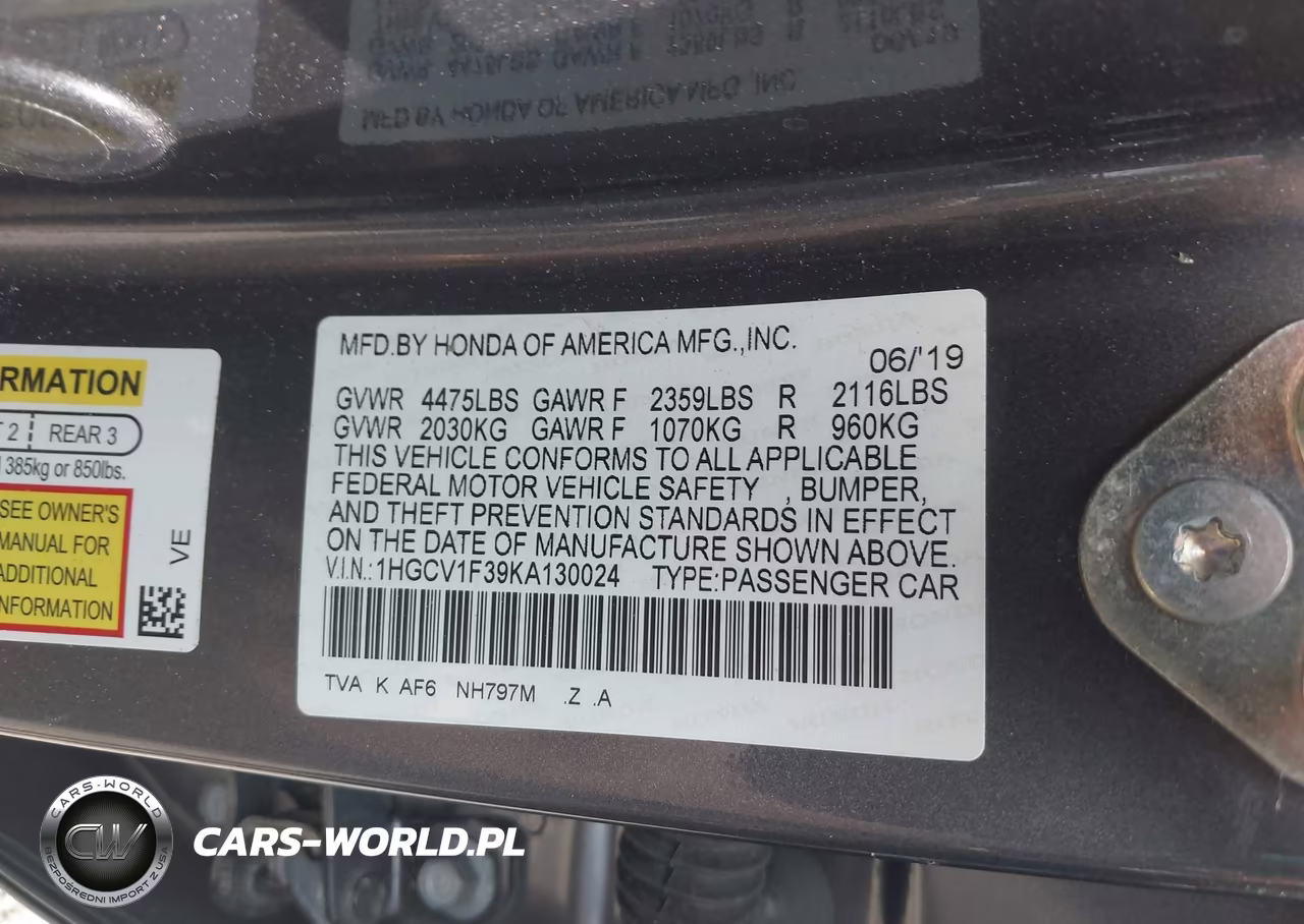 2019 Honda Accord Sport VIN:1HGCV1F39KA130024 - 9
