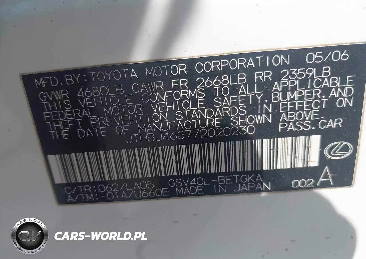 2007 Lexus Es 350 VIN:JTHBJ46G772020230 - 9