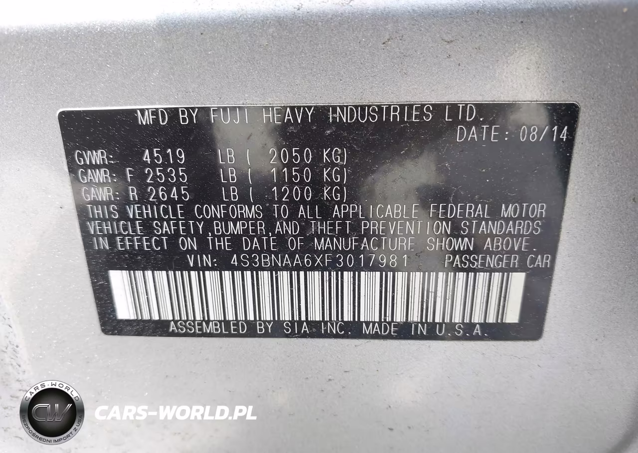 2015 Subaru Legacy 2.5I VIN:4S3BNAA6XF3017981 - 9